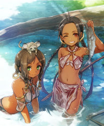 Rule 34 | 2girls, animal, armlet, bare shoulders, black hair, blush, bracelet, braid, breasts, brown hair, bunbun, cleavage, dark-skinned female, dark skin, fish, green eyes, grin, groin, hair ornament, highres, jewelry, long hair, looking at viewer, multiple girls, navel, o-ring, o-ring bottom, o-ring top, one eye closed, original, parted bangs, partially submerged, polearm, red eyes, sarong, small breasts, smile, tan, twin braids, very long hair, wading, weapon, wet