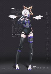 Rule 34 | 1girl, absurdres, alternate costume, amane kanata, angel wings, artist name, birthday, black background, black gloves, black jacket, black thighhighs, bob cut, borrowed design, character name, collarbone, copyright name, covered mouth, cropped jacket, dated, fingerless gloves, gloves, grey shirt, hair over one eye, halo, hand up, height, highres, hololive, inaku, jacket, leather, leather jacket, legs, leotard, multicolored hair, open clothes, open jacket, polka dot, polka dot background, shirt, shoes, silver hair, sneakers, solo, star halo, streaked hair, thighhighs, twitter username, v-neck, virtual youtuber, wings