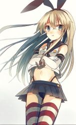 Rule 34 | 10s, 1girl, anchor, blonde hair, blue eyes, crossed arms, gloves, hair ornament, hairband, kantai collection, long hair, pout, sailor collar, shimakaze (kancolle), shugao, skirt, solo, striped clothes, striped thighhighs, thighhighs