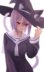 Rule 34 | 1girl, absurdres, animal ears, arm up, black dress, black hat, black sailor collar, blush, cat ears, cat girl, cat tail, dress, ears through headwear, hair between eyes, hand on headwear, hat, highres, hololive, medium hair, nanome to, neckerchief, nekomata okayu, nekomata okayu (casual), purple eyes, purple hair, sailor collar, simple background, solo, tail, virtual youtuber, white background, white neckerchief, witch hat
