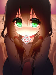 Rule 34 | 1girl, black hair, blush, condom, condom in mouth, condom wrapper, green eyes, hair ornament, highres, long hair, looking at viewer, low twintails, mouth hold, school uniform, solo, suzune rai, twintails