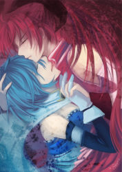Rule 34 | 10s, 2girls, bare shoulders, blue hair, cape, closed eyes, detached sleeves, gloves, hand on another&#039;s head, holding hands, holding head, hug, lips, long hair, magical girl, mahou shoujo madoka magica, mahou shoujo madoka magica (anime), miki sayaka, multiple girls, ponytail, profile, red hair, sakura kyoko, short hair, sixc, tears, upper body, white gloves