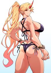 Rule 34 | 1girl, ass, bikini, black bikini, blonde hair, blue background, bracelet, breasts, butt crack, commentary request, cowboy shot, from behind, fugaku (miko no miyatsuguchi), gradient background, halterneck, hand on own hip, highres, horns, hoshiguma yuugi, jewelry, large breasts, long hair, looking at viewer, looking back, oni, oni horns, pointy ears, ponytail, red horns, side-tie bikini bottom, single horn, smile, solo, star (symbol), swimsuit, touhou, very long hair, white background