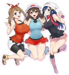 Rule 34 | 3girls, bare shoulders, beanie, bike shorts, blue eyes, blue hair, breasts, brown hair, commentary request, creatures (company), dawn (pokemon), game freak, hat, head scarf, highres, jumping, large breasts, leaf (pokemon), looking at viewer, may (pokemon), multiple girls, nintendo, open mouth, pokemon, pokemon dppt, pokemon frlg, pokemon oras, seikonsuco2, skirt, smile, teeth, upper teeth only