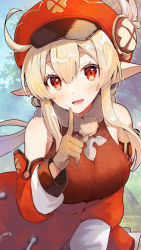 Rule 34 | 1girl, aged up, bare shoulders, blonde hair, breasts, brown gloves, commentary request, genshin impact, gloves, hat, highres, index finger raised, klee (genshin impact), long hair, looking at viewer, medium breasts, open mouth, pointy ears, red eyes, red hat, smile, solo, tomozero