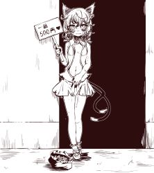 Rule 34 | 1girl, animal ears, bare arms, bare legs, blush, cat ears, cat tail, chen, full body, greyscale, hair between eyes, hakano shinshi, hat, unworn hat, unworn headwear, heart, holding, holding sign, looking at viewer, monochrome, multiple tails, navel, open mouth, prostitution, shoes, sign, skirt, sleeveless, socks, solo, standing, suggestive fluid, sweat, tail, torn clothes, torn skirt, touhou, two tails