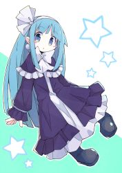 Rule 34 | 1girl, asameshi, black dress, black footwear, blue eyes, blue hair, blunt bangs, blush stickers, commentary, disgaea, dress, earrings, full body, green background, hair ribbon, hairband, jewelry, long sleeves, looking at viewer, mage (disgaea), pointy ears, ribbon, shoes, solo, star (symbol), white hairband, white ribbon