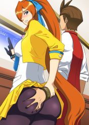 Rule 34 | 1boy, 1girl, absurdres, ace attorney, apollo justice, arm grab, ass, ass grab, athena cykes, black gloves, blue eyes, blush, bracelet, breasts, brown hair, clothes, gloves, grabbing, grabbing another&#039;s ass, highres, jewelry, long hair, molestation, orange hair, ponytail, short hair