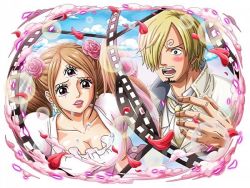 Rule 34 | 1boy, 1girl, blue eyes, bodskih, breasts, bridal veil, brown hair, charlotte pudding, extra eyes, facial hair, goatee, hetero, large breasts, official art, one piece, one piece: treasure cruise, sanji (one piece), third eye, twintails, veil