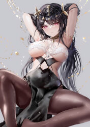 Rule 34 | 1girl, absurdres, age fx, armpits, arms behind head, arms up, azur lane, bandeau, bare shoulders, black hair, black skirt, blush, breasts, brown pantyhose, chen hai (azur lane), chen hai (cerulean ripples) (azur lane), circlet, collar, grey background, highres, large breasts, long hair, looking at viewer, metal collar, pantyhose, pelvic curtain, red eyes, simple background, skirt, solo, spread legs, thighs