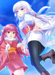 Rule 34 | 2girls, :d, absurdres, black legwear, blue eyes, blue scarf, boots, brown footwear, floating hair, gloves, grey eyes, hair between eyes, highres, holding hands, japanese clothes, katou umi, kimono, long hair, mittens, multiple girls, naruse shiroha, open mouth, otou (otou san), outdoors, pantyhose, pink hair, pink kimono, scarf, short kimono, silver hair, sky, smile, star (sky), starry sky, summer pockets, very long hair, white gloves, white kimono, white scarf