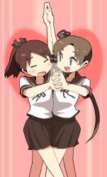 Rule 34 | 2girls, arm up, ayanami (kancolle), black ribbon, blush, brown eyes, brown hair, brown skirt, closed eyes, commentary request, dokan (dkn), hair ribbon, heart, holding, holding hands, interlocked fingers, kantai collection, long hair, looking at another, multiple girls, open mouth, outstretched arms, pink background, ponytail, ribbon, sailor collar, school uniform, serafuku, shikinami (kancolle), shirt, short hair, short sleeves, skirt, standing, sweat, sweatdrop