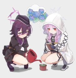 Rule 34 | 2girls, absurdres, atsuko (blue archive), blue archive, braid, flower pot, garrison cap, halo, haruka (blue archive), hat, highres, holding, holding notebook, holding watering can, hood, imagining, low twin braids, multiple girls, notebook, pink hair, purple eyes, purple hair, red eyes, shoes, squatting, twin braids, unli free, watering can