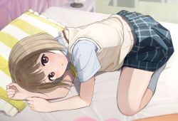 Rule 34 | 1girl, absurdres, asymmetrical hair, bed sheet, blush, bob cut, cardigan, commentary, frilled pillow, frills, highres, light brown hair, looking at viewer, looking up, love live!, love live! superstar!!, lying, nakasu kasumi, on bed, on side, parted lips, pillow, red eyes, school uniform, short hair, solo, tata (tataice), yellow cardigan, yuigaoka school uniform