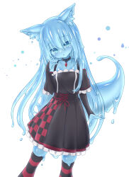 Rule 34 | 1girl, animal ears, bare shoulders, black dress, black thighhighs, blue eyes, blue hair, blue sclera, blue skin, blush, bridal gauntlets, collar, colored sclera, colored skin, commission, curss, dress, fox ears, fox tail, hand up, head tilt, highres, jewelry, long hair, looking at viewer, metal collar, monster girl, original, parted lips, pendant, pleated dress, red ribbon, red thighhighs, ribbon, simple background, skeb commission, skindentation, slime girl, solo, striped clothes, striped thighhighs, tail, thighhighs, two-tone legwear, very long hair, white background