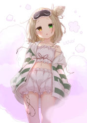 Rule 34 | 1girl, :o, bare shoulders, bloomers, blush, brown eyes, brown hair, camisole, collarbone, commentary request, cone hair bun, crop top, drawstring, forehead, frills, from below, green eyes, hair bun, head tilt, heterochromia, hood, hood down, hooded jacket, ibara muan, jacket, jigatei (omijin), long sleeves, looking at viewer, looking down, mask, mask on head, midriff, navel, off shoulder, open clothes, open jacket, original, parted bangs, parted lips, puffy long sleeves, puffy sleeves, sleep mask, sleeves past fingers, sleeves past wrists, solo, standing, striped clothes, striped jacket, underwear, white bloomers, white camisole