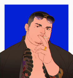 Rule 34 | 1boy, black eyes, black hair, buzz cut, casual, cigarette, eyewear on head, facial hair, fat, fat man, highres, jewelry, looking at viewer, lovesheng1314, male focus, open clothes, open shirt, original, portrait, realistic, ring, short hair, smoking, solo, stubble, thick eyebrows, upper body, very short hair