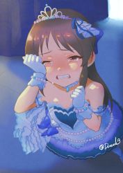 Rule 34 | 1girl, absurdres, brown hair, clenched teeth, commentary request, crying, crying with eyes open, dress, durandal (kei), gloves, highres, idol, idolmaster, idolmaster cinderella girls, long hair, one eye closed, solo, strapless, strapless dress, tachibana arisu, tears, teeth, tiara, white dress, white gloves