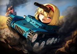 Rule 34 | :d, :x, alice margatroid, blonde hair, blue sky, burning, closed eyes, commentary request, cookie (touhou), day, fire, hair between eyes, hairband, ichigo (cookie), military, military vehicle, motor vehicle, niconico, office, open mouth, outdoors, pyonsuke (pyon2 mfg), red hairband, short hair, sky, smile, smoke, tank, touhou