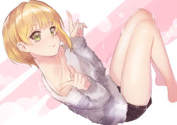 Rule 34 | 10s, 1girl, bare legs, barefoot, blonde hair, blush, collarbone, commentary request, from above, green eyes, idolmaster, idolmaster cinderella girls, looking at viewer, meto31, miyamoto frederica, pointing, short hair, sitting, smile, solo