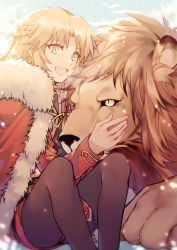 Rule 34 | 1girl, :d, absurdres, animal, black pantyhose, black shirt, black shorts, blonde hair, braid, cloak, fang, fate/grand order, fate (series), fur-trimmed cloak, fur trim, green eyes, highres, jacket, lion, long sleeves, looking away, mordred (fate), mordred (fate/apocrypha), open mouth, pantyhose, red cloak, red jacket, red ribbon, ribbon, shirt, short shorts, shorts, sitting, smile, solo, yellow eyes, yorukun