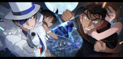 Rule 34 | 1girl, 3boys, aiming, aiming at viewer, arms around neck, black shirt, blue eyes, blue gemstone, blue shirt, brown hair, cape, carrying, child, cityscape, clenched hands, clenched teeth, closed eyes, collared shirt, commentary request, crazy grin, dress shirt, edogawa conan, floating cape, formal, full moon, gem, glint, gloves, grin, gun, hair between eyes, hand up, handgun, hat, holding, holding gun, holding weapon, imminent punch, incoming attack, incoming punch, kaitou kid, kanamura ren, kyougoku makoto, letterboxed, looking at viewer, magic kaito, meitantei conan, monocle, monocle chain, moon, multiple boys, necktie, night, night sky, no eyewear, outdoors, piggyback, punching, red neckwear, shirt, short hair, sky, sleeveless, sleeveless shirt, smile, suit, suzuki sonoko, sweatdrop, tearing up, teeth, top hat, upper body, weapon, white cape, white gloves, white headwear, white suit