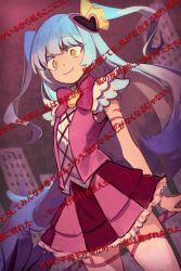 Rule 34 | 1girl, aqua hair, bow, building, dress, frilled dress, frills, hair ornament, heart, heart hair ornament, holding, lobotomy corporation, long hair, magical girl, pink bow, pink dress, project moon, queen of hatred, scar, scar on arm, shiki (shikki46), short sleeves, smile, solo, translation request, two side up, very long hair, yellow eyes