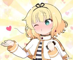 Rule 34 | 1girl, @ @, blonde hair, blowing kiss, blush, can, canned coffee, capelet, commentary request, cosplay, drink can, flying sweatdrops, frieren, frieren (cosplay), gochuumon wa usagi desu ka?, green eyes, hands up, heart, holding, holding can, kirima syaro, long sleeves, mitya, nose blush, one eye closed, puckered lips, shirt, solo, sousou no frieren, striped clothes, striped shirt, sunburst, sunburst background, sweat, upper body, white capelet