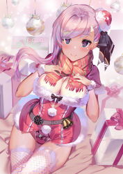 Rule 34 | 1girl, alternate costume, asymmetrical hair, blue eyes, box, breasts, bun cover, capelet, christmas, cleavage, commentary request, contemporary, cowboy shot, dress, fate/grand order, fate (series), fishnet thighhighs, fishnets, from above, fur-trimmed capelet, fur-trimmed dress, fur-trimmed headwear, fur trim, gift, gift box, hair ornament, hat, large breasts, leotard, looking at viewer, miyamoto musashi (fate), nail polish, pink hair, pom pom (clothes), ponytail, red capelet, red dress, red hat, red leotard, red scarf, santa hat, scarf, short dress, single sidelock, sitting, smile, solo, thigh gap, thighhighs, thighs, yoshimoto (dear life)