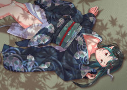Rule 34 | 1girl, nanashi inc., alternate costume, alternate hairstyle, animal print, asymmetrical hair, black hair, blue hair, blue kimono, blush, cat print, closed mouth, commentary request, demon girl, demon horns, demon tail, fang, fang out, feet out of frame, flat chest, hair ornament, hairclip, highres, horns, japanese clothes, kimono, long hair, long sleeves, looking at viewer, lying, multicolored hair, obi, on back, pointy ears, red eyes, sash, shadow, shishio chris, sideways, smile, solo, sone (cortisone), sugar lyric, tail, tatami, two-tone hair, virtual youtuber, yukata