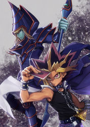 Rule 34 | 2boys, absurdres, arm up, bare shoulders, belt, black hair, blonde hair, blue choker, blue eyes, blue jacket, brown hair, card, chain, choker, closed mouth, collarbone, colored skin, dark magician, duel disk, duel monster, dyed bangs, facial mark, fingernails, green skin, highres, holding, holding card, holding staff, jacket, jacket on shoulders, jewelry, male focus, multicolored hair, multiple boys, necklace, purple eyes, purple hair, staff, studded choker, suzurichan715, yami yugi, yu-gi-oh!, yu-gi-oh! duel monsters