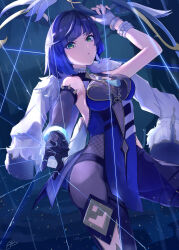 Rule 34 | 1girl, 310setsu, asymmetrical gloves, bare shoulders, black gloves, blue hair, bow (weapon), breasts, closed mouth, coat, commentary, cowboy shot, dark blue hair, diagonal bangs, elbow gloves, fingerless gloves, fur collar, genshin impact, gloves, highres, hip vent, holding, holding bow (weapon), holding weapon, medium breasts, short hair, signature, solo, weapon, white coat, white gloves, yelan (genshin impact)