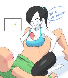 Rule 34 | 1boy, 1girl, armpit peek, bare arms, bare shoulders, barefoot, black hair, black pants, blue tank top, blush, body blush, breasts, capri pants, cleavage, closed mouth, clothed sex, collarbone, colored skin, crop top, english text, faceless, faceless male, green tank top, green wristband, groin, hair tie, handsfree paizuri, highres, kneeling, large breasts, legs up, lifting person, looking at another, loveboxf, lying, medium hair, navel, nintendo, paizuri, paizuri on lap, paizuri under clothes, pale skin, pants, parted lips, penis, ponytail, seiza, shadow, shirt, sideboob, simple background, sitting, smirk, spandex, speech bubble, sweatdrop, tank top, taut clothes, taut shirt, thighs, tiptoes, uncensored, wavy mouth, white background, white eyes, white skin, wii fit, wii fit trainer, wii fit trainer (female), wristband