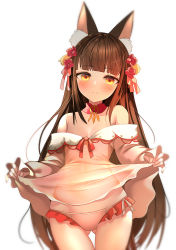 Rule 34 | 1girl, absurdres, alternate costume, animal ear fluff, animal ears, azur lane, bare legs, bare shoulders, blunt bangs, breasts, brown hair, clothes lift, commentary, dress, flower, fox ears, frilled panties, frills, frown, gluteal fold, hair flower, hair ornament, head tilt, highres, lifting own clothes, light blush, long hair, looking at viewer, nagato (azur lane), panties, sakuraame (uen), see-through, simple background, skirt, skirt lift, small breasts, solo, standing, thigh gap, underwear, very long hair, white background, white dress, white panties, yellow eyes