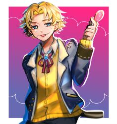 Rule 34 | 1boy, black pants, blonde hair, blue background, blue eyes, blue jacket, border, brooch, candy, cardigan, collared shirt, food, freckles, gradient background, highres, holding, holding candy, holding food, holding lollipop, identity v, jacket, jewelry, lollipop, looking at viewer, male focus, mike morton, mismatched pupils, neck ribbon, open clothes, open jacket, outside border, pants, parted bangs, pink background, pink ribbon, ribbon, sansai toritori, school uniform, shirt, short hair, sleeves past wrists, solo, star-shaped pupils, star (symbol), stitched mouth, stitches, symbol-shaped pupils, tongue, tongue out, upper body, white border, white shirt, yellow cardigan