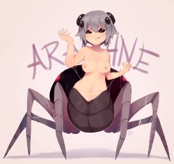 Rule 34 | 1girl, :p, arachne, arthropod girl, benzbt, breasts, female focus, full body, grey hair, highres, insect girl, milia wars, monster girl, navel, nipples, no pupils, short hair, smile, solo, spider girl, taur, tongue, tongue out