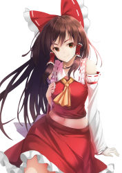 Rule 34 | 1girl, absurdres, arm support, ascot, bare shoulders, bow, breasts, brown eyes, brown hair, closed mouth, commentary request, cowboy shot, detached sleeves, frilled hair tubes, frilled shirt collar, frills, hair bow, hair tubes, hakurei reimu, hand on own chest, highres, kuma-ra, long hair, looking at viewer, midriff, navel, petticoat, red bow, red skirt, red vest, ribbon-trimmed sleeves, ribbon trim, sidelocks, simple background, sitting, skirt, skirt set, small breasts, smile, solo, touhou, v-shaped eyebrows, very long hair, vest, white background, yellow ascot