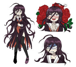 Rule 34 | 1girl, :d, ahoge, black thighhighs, breast pocket, clenched teeth, collarbone, commentary request, danganronpa: trigger happy havoc, danganronpa (series), flower, fukawa toko, full body, furukawa (yomawari), genocider shou, glasses, hair ornament, hairclip, heart, heart ahoge, highres, long hair, long skirt, long sleeves, looking at viewer, messy hair, mole, mole under mouth, multiple views, neckerchief, open mouth, own hands clasped, own hands together, pocket, red eyes, red flower, red rose, rose, round eyewear, sailor collar, school uniform, serafuku, shaded face, shoes, simple background, skirt, smile, standing, teeth, thighhighs, tongue, torn clothes, torn skirt, upper body, very long hair, white background