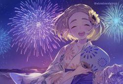 Rule 34 | 1girl, ^ ^, alternate costume, bag, blonde hair, blush, closed eyes, commentary, eyelashes, fireworks, floral print, flower, hair flower, hair ornament, hairclip, hand fan, handbag, highres, holding, holding fan, japanese clothes, kimono, looking at viewer, night, night sky, nintendo, obi, open mouth, outdoors, paper fan, parted bangs, pointy ears, princess zelda, sash, short hair, shuri (84k), sky, smile, solo, sunflower, the legend of zelda, the legend of zelda: breath of the wild, the legend of zelda: tears of the kingdom, thick eyebrows, twitter username, uchiwa, upper body, white kimono, wide sleeves, yukata