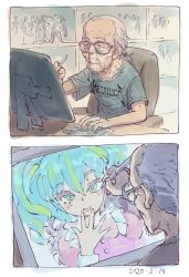 Rule 34 | 1boy, 1girl, band shirt, blouse, blue hair, blush, comic, commentary, dated, drawing tablet, dress, figure, fujii eishun, glasses, green eyes, green hair, green shirt, grey hair, gundam, highres, holding, holding pen, indoors, merchandise, metallica, old, old man, original, pen, pink dress, print shirt, puffy sleeves, real life, self-portrait, shirt, short sleeves, sitting, studio, tongue, tongue out, twintails, upper body