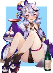 Rule 34 | 1girl, :d, bell, blush, crossed bangs, cup, fang, hair between eyes, hair ribbon, highres, horns, japanese clothes, jingle bell, kimono, knees up, long hair, mole, mole under mouth, nijisanji, open mouth, platform footwear, pointy ears, pukara, purple eyes, purple hair, purple kimono, ribbon, rindou mikoto, sakazuki, sandals, sitting, skin-covered horns, sleeves past fingers, sleeves past wrists, smile, solo, twintails, virtual youtuber