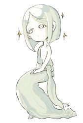 Rule 34 | 1other, bare arms, bare shoulders, bob cut, chibi, expressionless, full body, hands on own thighs, houseki no kuni, inverted bob, invisible chair, looking afar, robe, simple background, sitting, solo, sparkle, white background, yawo, yellow diamond (houseki no kuni)
