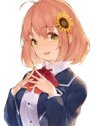 Rule 34 | 1girl, :d, ahoge, bad id, bad pixiv id, black jacket, blazer, bow, breasts, brown hair, collared shirt, commentary, dress shirt, flower, green eyes, hair between eyes, hair flower, hair ornament, hairclip, hana mori, hands up, highres, honma himawari, jacket, long sleeves, looking at viewer, medium breasts, nijisanji, open clothes, open jacket, open mouth, red bow, school uniform, shirt, simple background, smile, solo, steepled fingers, sunflower, sunflower hair ornament, symbol-only commentary, upper body, virtual youtuber, white background, white shirt, yellow flower