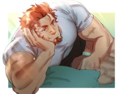 Rule 34 | 1boy, bara, beard, black shorts, bulge, elbow rest, facial hair, fate/zero, fate (series), foreshortening, iskandar (fate), jeje (pixiv12541114), large pectorals, looking at viewer, male focus, mature male, muscular, muscular male, pectorals, red eyes, red hair, scar, scar on arm, shirt, short hair, shorts, smile, solo, sunlight, tight clothes, tight shirt, white shirt, wrinkled skin