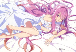 Rule 34 | 1girl, absurdres, aishia, bare shoulders, bed sheet, breasts, cleavage, crossed bangs, dress, feet, fingernails, hair intakes, hair over one eye, highres, long hair, looking at viewer, lying, megami magazine, official art, on side, open mouth, pink hair, red eyes, scan, seirei gensouki, small breasts, solo, toes, very long hair, white dress, yufu kyouko