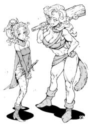 Rule 34 | 2girls, ayla (chrono trigger), boots, breasts, cape, chrono (series), chrono trigger, cleavage, club (weapon), crossover, dress, final fantasy, final fantasy vi, fur, greyscale, half-closed eyes, hand on own hip, high heel boots, high heels, highres, ireading, large breasts, messy hair, monochrome, multiple girls, muscular, muscular female, own hands clasped, pantyhose, shy, simple background, square enix, sword, tina branford, weapon, white background