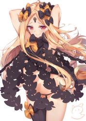 Rule 34 | 1girl, abigail williams (fate), abigail williams (second ascension) (fate), arched back, armpits, arms behind head, arms up, black bow, black panties, black thighhighs, blonde hair, blush, bow, breasts, closed mouth, fate/grand order, fate (series), gluteal fold, groin, highres, keyhole, long hair, nahaki, orange bow, panties, parted bangs, polka dot, polka dot background, red eyes, revealing clothes, signature, simple background, single thighhigh, smile, solo, thighhighs, underwear, very long hair, white background