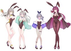 4girls :t =_= ? alternate_costume animal_ears black_footwear black_gloves black_headband black_leotard black_pantyhose blue_bow blue_bowtie blush bow bowtie breasts brown_eyes cape cleavage collar commentary_request covered_navel criss-cross_halter detached_sleeves eyewear_on_head fake_animal_ears fake_tail finger_to_mouth firefly_(honkai:_star_rail) fishnet_pantyhose fishnets food full_body fur-trimmed_jacket fur_trim gloves grey_hair hair_between_eyes halterneck hand_on_own_hip hand_up headband high_heels highleg highleg_leotard holding holding_tray honkai:_star_rail honkai_(series) ice_cream jacket kafka_(honkai:_star_rail) large_breasts leotard long_hair long_sleeves looking_at_viewer multiple_girls off_shoulder oguraponti pantyhose playboy_bunny purple_eyes purple_hair purple_jacket rabbit_ears rabbit_tail red_gloves short_hair_with_long_locks silver_wolf_(honkai:_star_rail) simple_background small_breasts smile stelle_(honkai:_star_rail) strapless strapless_leotard tail thigh_strap tinted_eyewear trailblazer_(honkai:_star_rail) tray very_long_hair white_background white_collar yellow_bow yellow_bowtie yellow_eyes