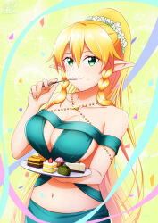 Rule 34 | 1girl, bare shoulders, blonde hair, braid, breasts, cake, cake slice, cheesecake, chocolate cake, cleavage, closed mouth, collarbone, commentary, confetti, cowboy shot, cupcake, dress, eating, elf, flower, food, food on face, green background, green dress, green eyes, groin, hair between eyes, hair flower, hair ornament, hand up, highres, holding, holding plate, holding spoon, ken-ji, large breasts, leafa, long hair, looking at viewer, navel, off-shoulder dress, off shoulder, plate, pointy ears, ponytail, revealing clothes, sidelocks, signature, smile, solo, spoon, standing, stomach, swiss roll, sword art online, twin braids, utensil in mouth, very long hair
