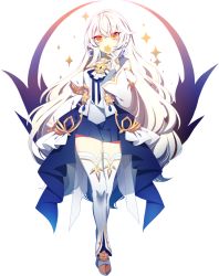 Rule 34 | bad id, bad pixiv id, braid, covering own mouth, earrings, elsword, eve (elsword), eyelashes, facial mark, fingerless gloves, forehead jewel, full body, gloves, jewelry, legs together, long hair, long sleeves, poyeop, silver hair, simple background, skirt, solo, sparkle, standing, star (symbol), thighhighs, very long hair, white background, white thighhighs, yellow eyes